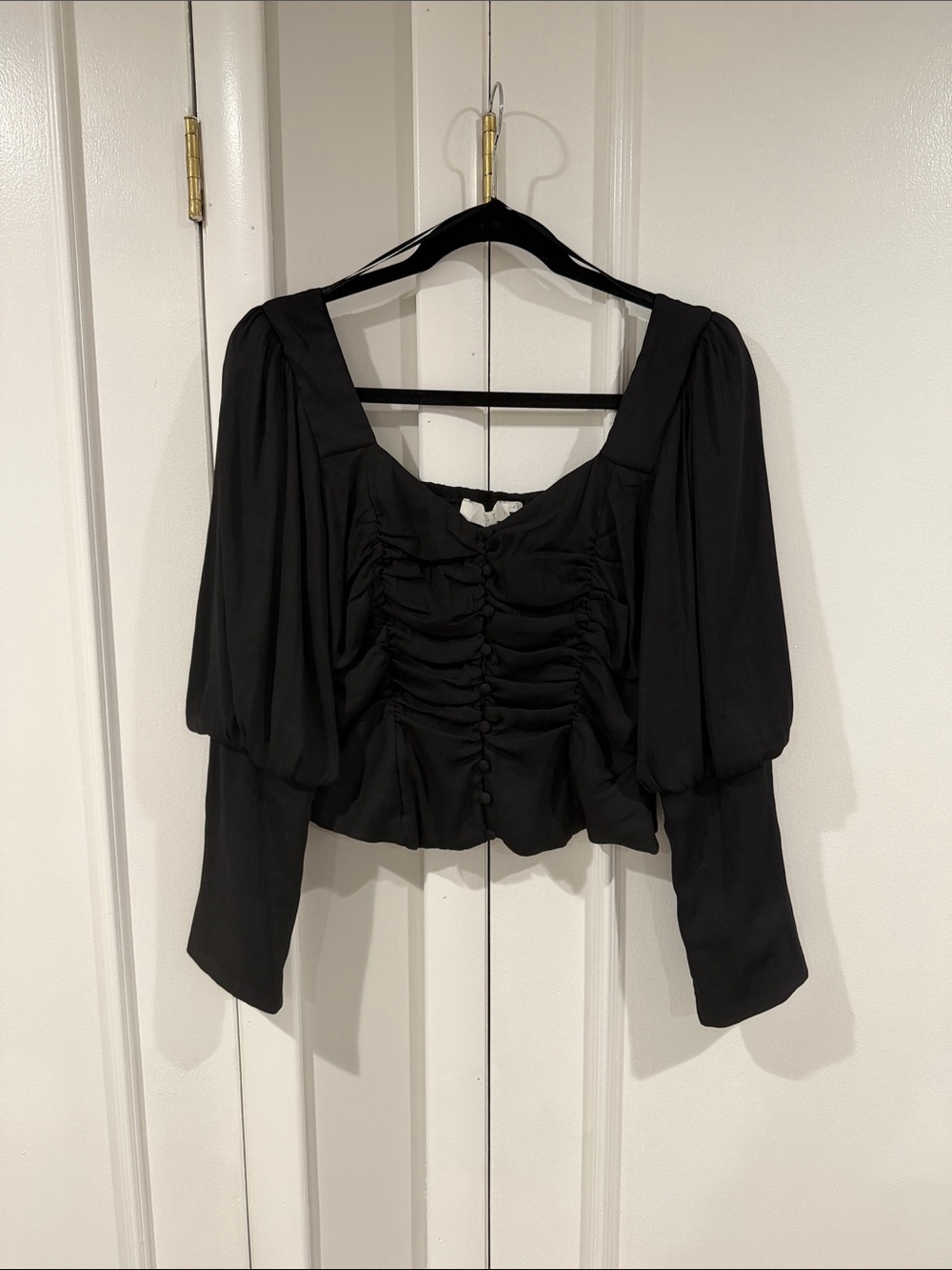Astr Black Square-Neck Ruched Button Front Puff-Sleeve Top